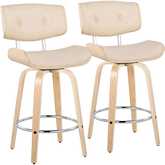 Lombardi 26" Swivel Counter Stool Natural Wood & Cream Leatherette with Chrome Footrest (Set of 2)